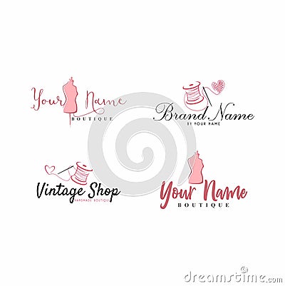 Tailor Sewing Vintage, Mannequin, Fashion, Floral, Retro Logo Set Vector Illustration
