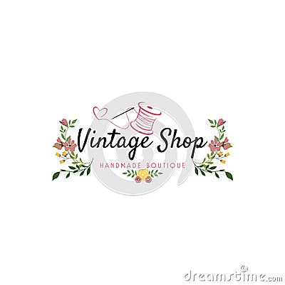 Tailor Sewing Vintage, Needle, Yarn, Fashion, Floral, Lettering, Typography, Retro Logo Vector Illustration