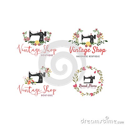 Tailor Sewing Vintage Set, Fashion, Floral, Retro Logo Template Vector Illustration