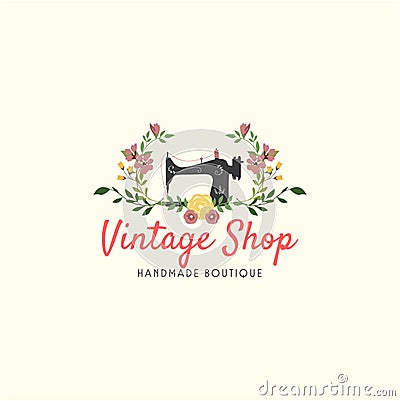 Tailor Sewing Vintage, Woman Fashion, Floral, Lettering, Typography, Retro Logo Stock Photo