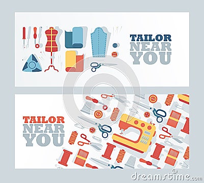 Tailor shop banner, vector illustration. Atelier dressmaking service, fashion design studio, professional clothing Vector Illustration