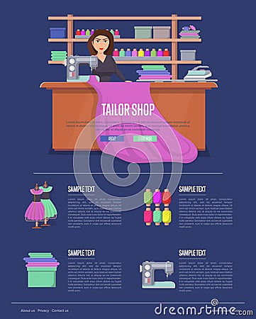 Tailor shop banner with young woman Vector Illustration