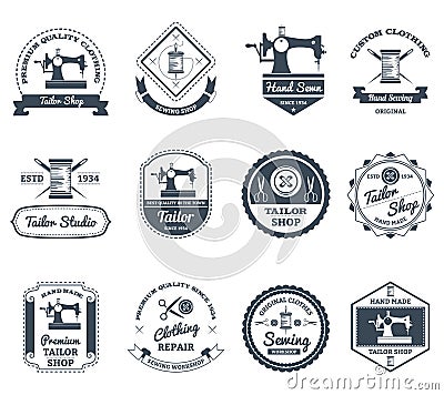 Tailor shop black labels icons set Vector Illustration