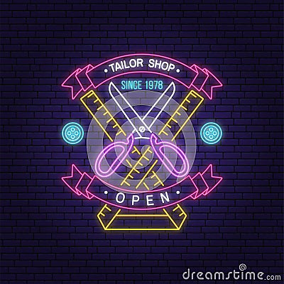 Tailor shop neon design or emblem. Vector. Night neon signboard. Vintage typography design with measure meter and Vector Illustration