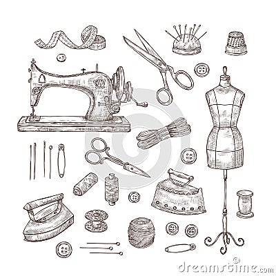 Tailor shop. Sketch sewing tools materials vintage clothes needlework textile industry stitching tailor handicraft Vector Illustration