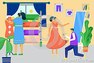 Tailor work in atelier, vector illustration. Fashion designer tailoring fabric into dress, flat textile workshop. Man Vector Illustration