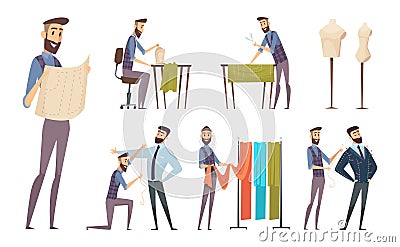 Tailor working. Sewing atelier master dressmaker characters vector cartoon people Vector Illustration