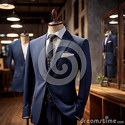 Tailored men's suits modeled on mannequin in tailor shop atelier Stock Photo