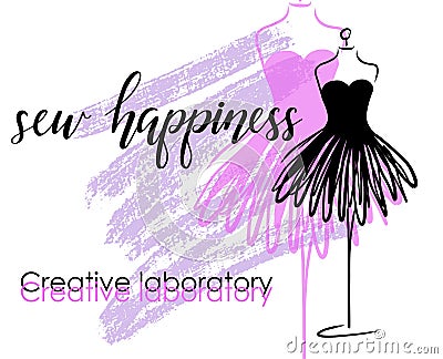 Tailoring emblem with mannequin or dummy and banner with lettering sew happiness. Fashion and tailoring logo design. Vector Vector Illustration