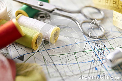 Tailoring tools on clothing pattern elevated view close up Stock Photo