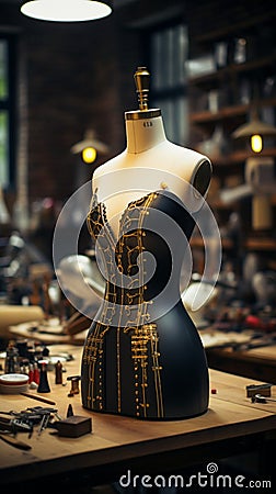 A tailors dummy adorned with measuring tapes in a bustling fashion studio Stock Photo