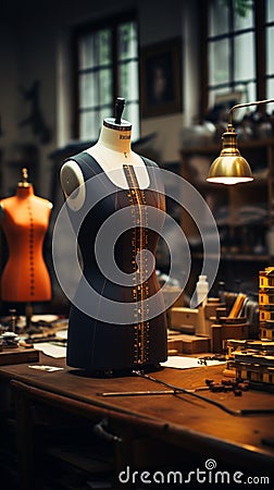 A tailors dummy adorned with measuring tapes in a bustling fashion studio Stock Photo