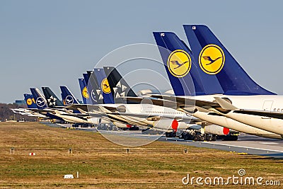 Tails of stored Lufthansa airplanes during Coronavirus Corona Virus COVID-19 Frankfurt airport Editorial Stock Photo