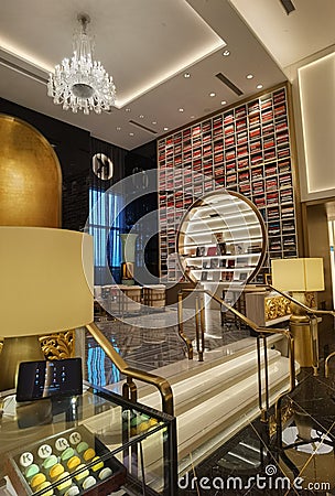 Taipa Cotai Macau Grand Lisboa Palace Macao Karl Lagerfeld Hotel Signage Book Lounge Fashion Design Icon Luxury Lifestyle Editorial Stock Photo