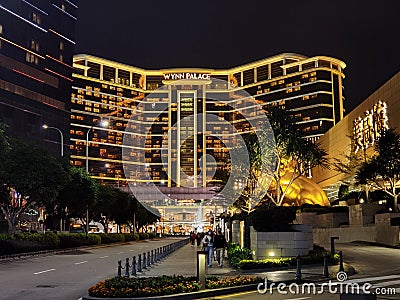 Taipa Macau MGM Cotai Hotel Resort Macao Wynn Palace Casino Architecture Night Photography Giant Golden Lion Sculpture Feng Shui Editorial Stock Photo