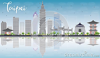 Taipei skyline with grey landmarks, blue sky and reflection Cartoon Illustration