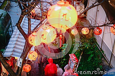 TAIPEI, TAIWAN : October 9 2023: Night Street View of the Famous Small Mountain Village, Old Town Jiufen. Editorial Stock Photo