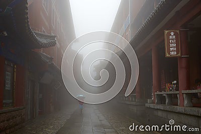 Taishan Mountain traditional buildings in fog Editorial Stock Photo