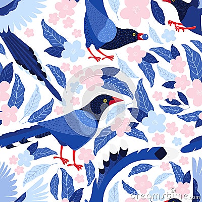 Taiwan blue bird among the leaves and pink flowers seamless pattern. Azure magpie is the symbol of Taiwan. Background from exotic Cartoon Illustration