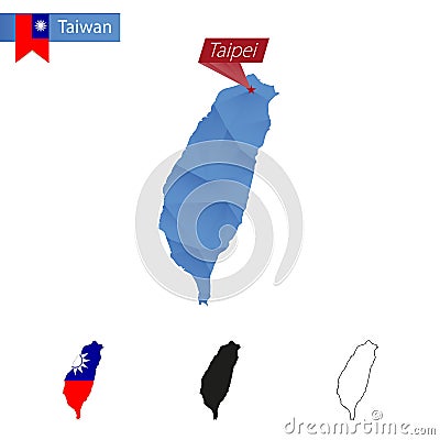 Taiwan blue Low Poly map with capital Taipei Vector Illustration