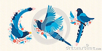 Taiwan blue magpie. Symbol of Taiwan Urocissa caerulea. Exotic birds of Taiwan, China and of Asia. Blue cartoon bird and Vector Illustration