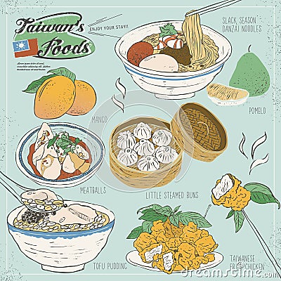 Taiwan delicious snacks collection Vector Illustration