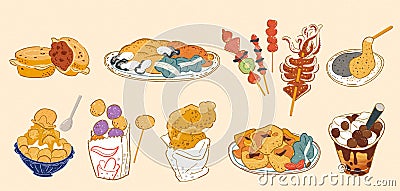 Taiwan doodle street food set Vector Illustration