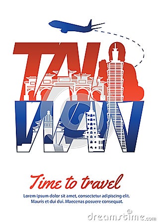 Taiwan famous landmark silhouette style inside text,national fla Vector Illustration