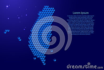 Taiwan map from 3D blue cubes isometric abstract concept, square pattern, angular geometric shape, glowing stars. Vector Cartoon Illustration