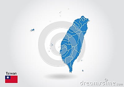 Taiwan map design with 3D style. Blue Taiwan map and National flag. Simple vector map with contour, shape, outline, on white Vector Illustration