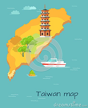 Taiwan Map with Dragon Tiger Tower Illustration Vector Illustration