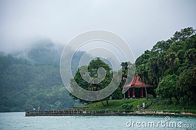 Taiwan's Sun Moon Lake in Nantou County, Lake View Pavilion, Chiang Kai-shek reportedly often in this front view of the lake Stock Photo