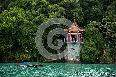 Taiwan's Sun Moon Lake in Nantou County, Lake View Pavilion, Chiang Kai-shek reportedly often in this front view of the lake Stock Photo