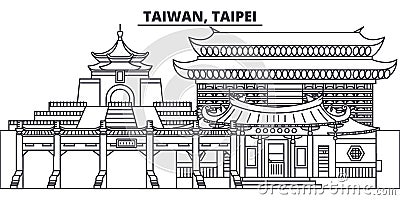 Taiwan, Taipei line skyline vector illustration. Taiwan, Taipei linear cityscape with famous landmarks, city sights Vector Illustration