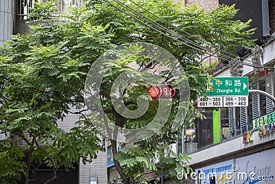 Taiwan, Taipei, pedestrian signal lights, shop signs, traffic lights Editorial Stock Photo