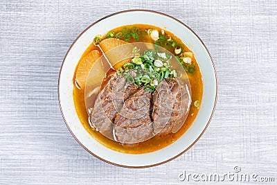 Taiwanese beef noodle soup is a noodle soup dish originating from Taiwan. top view Stock Photo