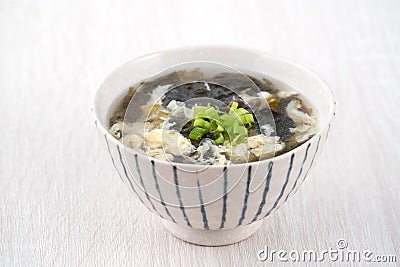 Taiwanese food - Homemade delicious seaweed egg drop soup in a bowl on a serving tray Stock Photo