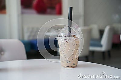 Taiwanese iced milk tea with brown sugar jelly. Stock Photo