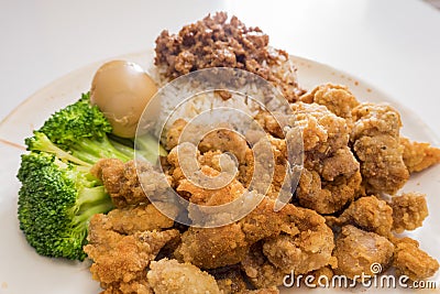 Taiwanese style braised pork rice and popcorn chicken Stock Photo