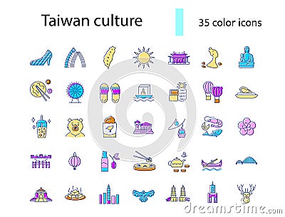 Taiwanese style culture flat icons set. Asian attractions. Oriental specialty of Taiwan. Isolated vector illustration Vector Illustration