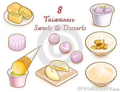 8 Taiwanese sweets and desserts, Taiwan delicious food menu collection set isometric icon raster illustration Cartoon Illustration
