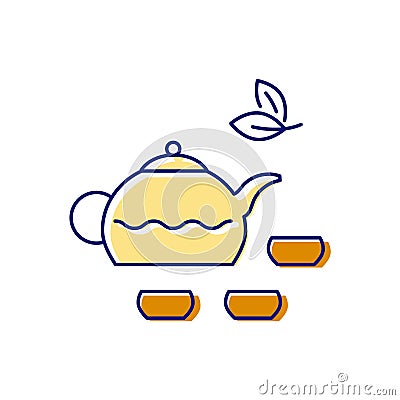 Taiwanese tea ceremony flat icon. Teapot with cups. Chinese cuisine. Oriental custom. Isolated vector illustration Vector Illustration