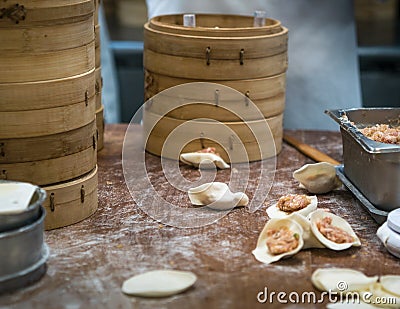 Taiwanese team chefs cooking traditional food. Asian chef making dumpling Taiwan Stock Photo