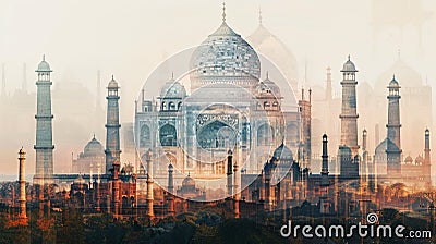 Taj Mahal in Agra, Uttar Pradesh, India. contemporary style minimalist artwork collage illustration Cartoon Illustration