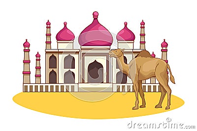 Taj mahal and camel cartoon scenery Vector Illustration