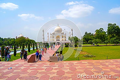 Taj Mahal full view during day time in Agra India, The Taj among 7 Wonders of the World view Editorial Stock Photo