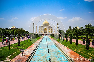 Taj Mahal full view during day time in Agra India, The Taj among 7 Wonders of the World view Editorial Stock Photo