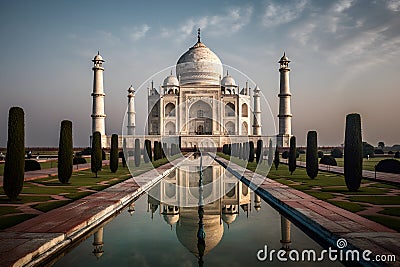 Taj Mahal in India, with the white marble structure, reflecting pool, and blue sky visible in the background. Stock Photo