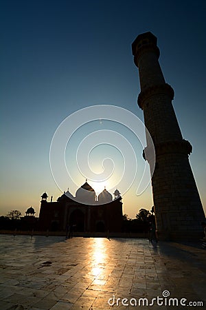 Taj Mahal mosque and minaret silhouette. Agra, Uttar Pradesh. India Stock Photo