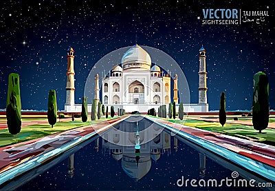 The Taj Mahal. White marble mausoleum on the south bank of the Yamuna river in the Indian city of Agra, Uttar Pradesh Vector Illustration